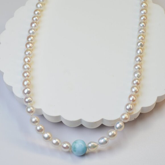 Larimar & Freshwater AK Pearl Necklace 18-20" Sterling Silver - Picture 2 of 8